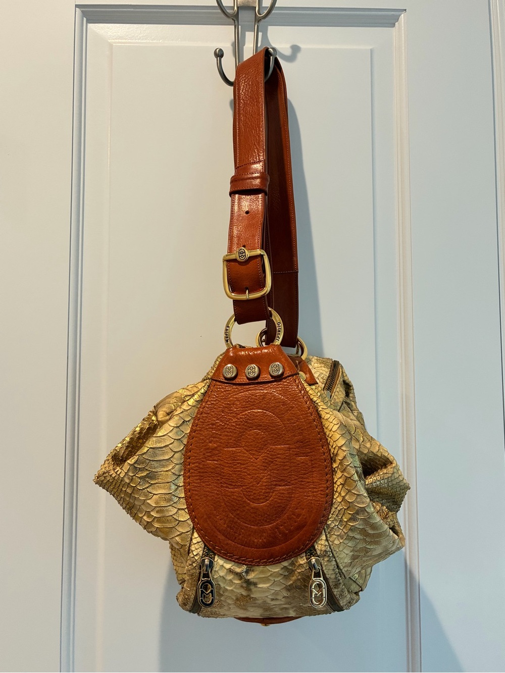 Marino Orlandi Metallic Gold Python Leather Hobo Shoulder Bag Made in Italy
